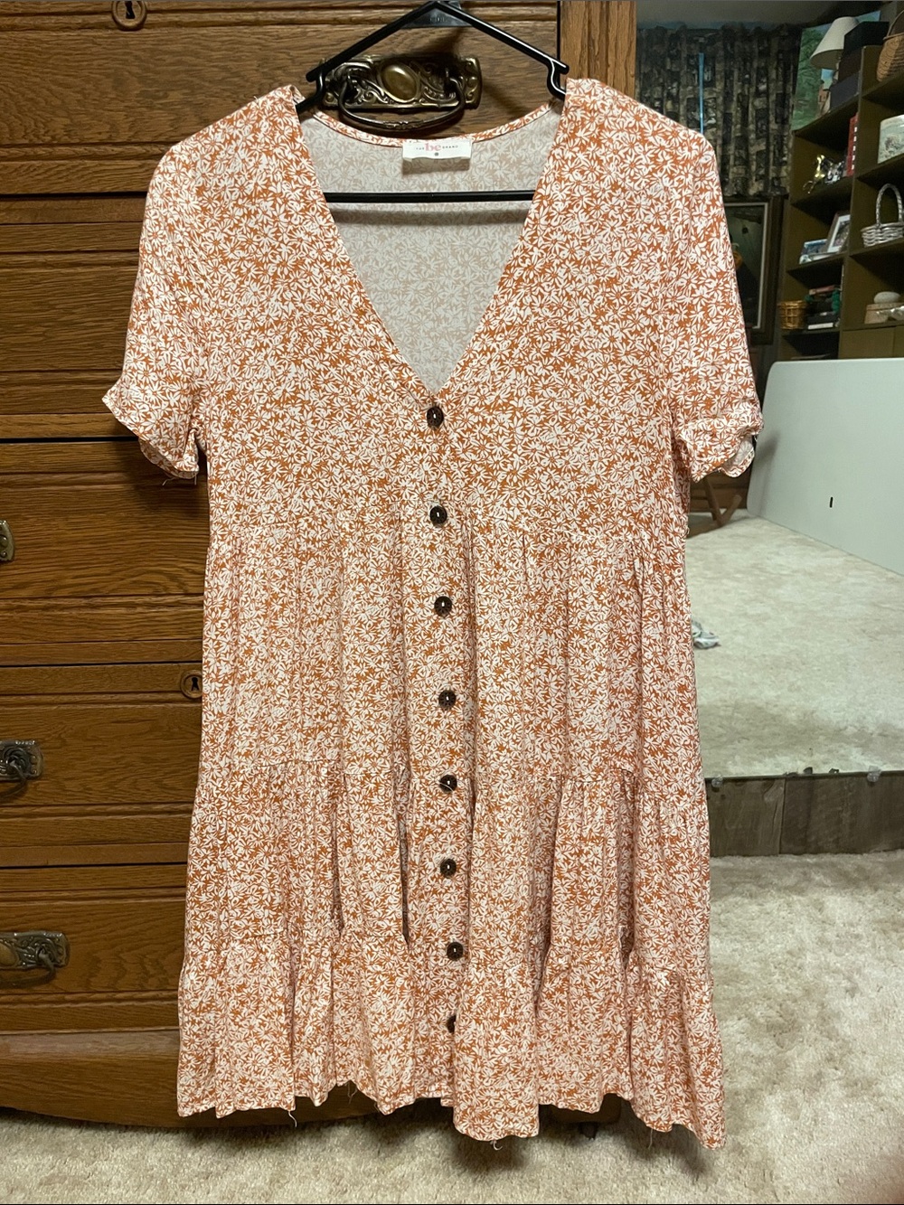 The be Brand floral Short Sleeve Button-Front  Dress in Peach and cream